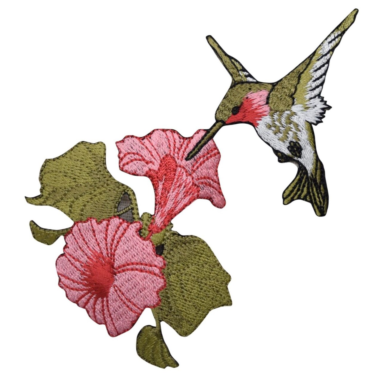 Ruby Red Hummingbird with Pink Flowers, Embroidered, Iron on Patch